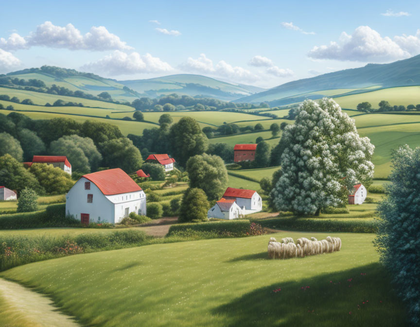 Tranquil pastoral landscape with green hills, grazing sheep, and red-roofed farmhouses