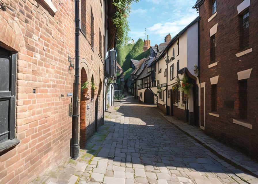 Historic half-timbered buildings on cobbled street in quaint town