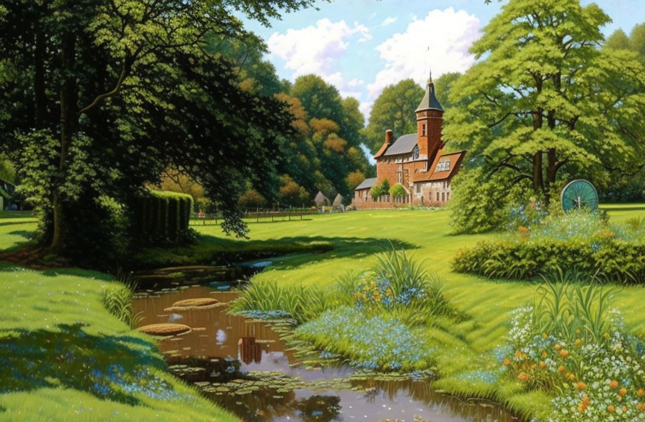 Tranquil landscape painting of lush park with pond and brick building