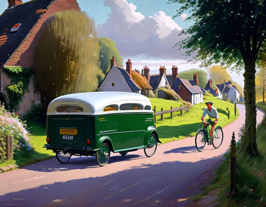 Vintage Green Bus and Cyclist on Serene Country Road with Quaint Houses and Lush Trees