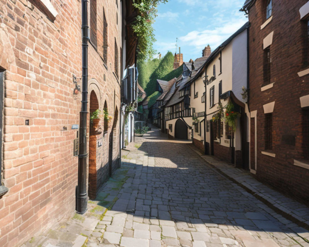 Historic half-timbered buildings on cobbled street in quaint town