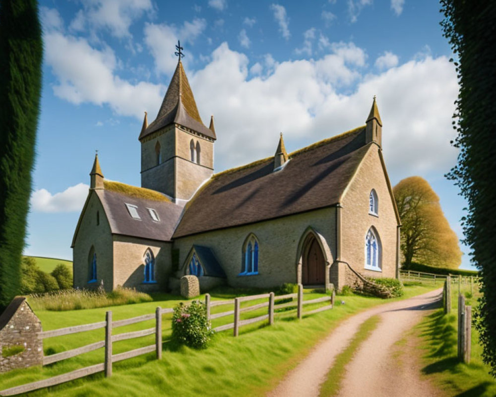 Quaint church with bell tower in lush greenery and wooden fence path