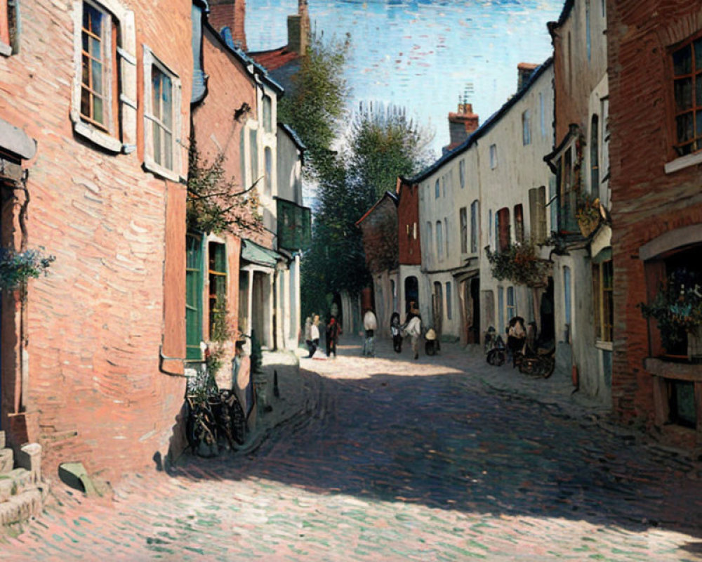 European cobblestone street with pedestrians and bicycle