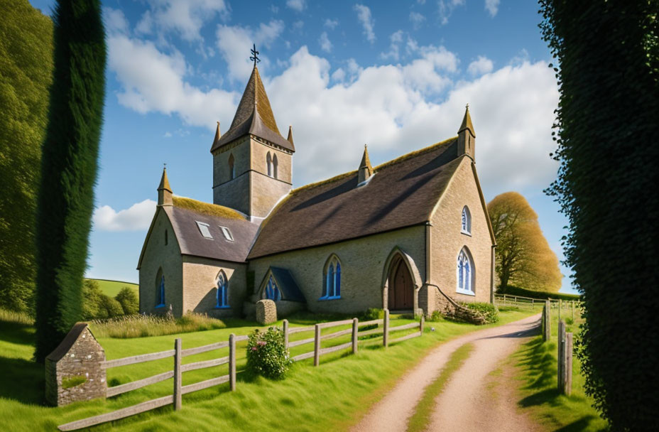 Quaint church with bell tower in lush greenery and wooden fence path