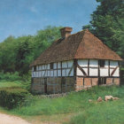 Half-Timbered Thatched Cottage in Rural Setting with Greenery