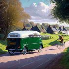 Vintage Green Bus and Cyclist on Serene Country Road with Quaint Houses and Lush Trees