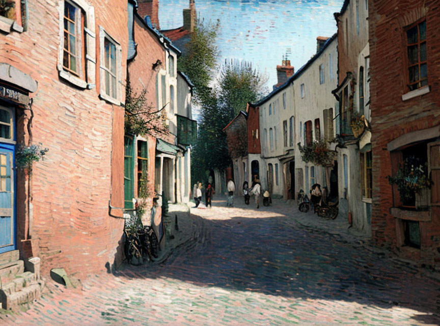 European cobblestone street with pedestrians and bicycle