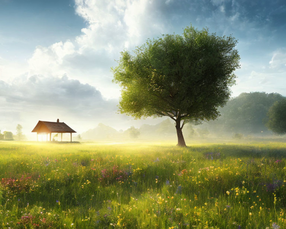 Vibrant meadow with solitary tree, wildflowers, and gazebo in sunlight