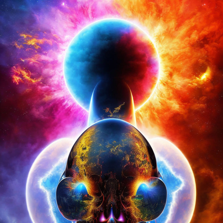 Colorful cosmic artwork featuring central skull figure and nebula.