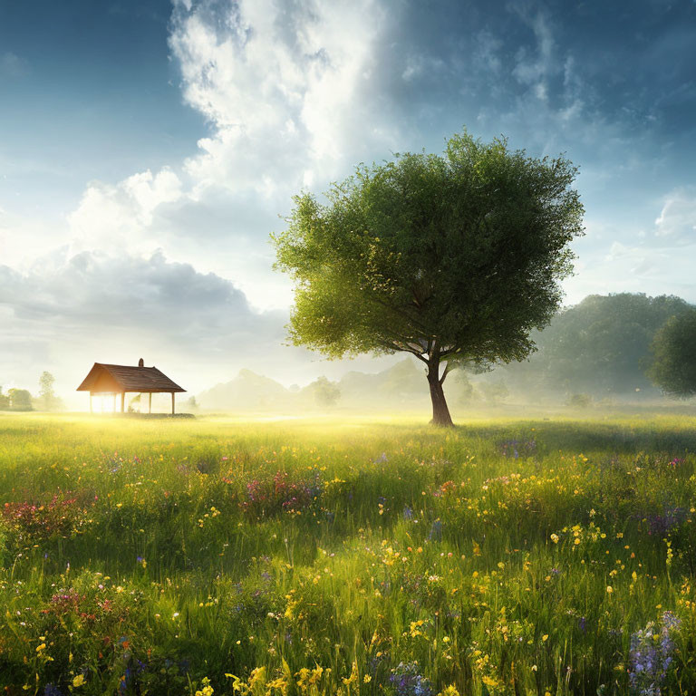 Vibrant meadow with solitary tree, wildflowers, and gazebo in sunlight