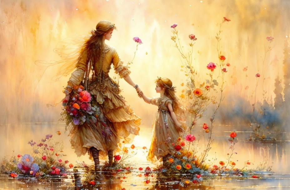 Whimsical painting of adult and child figures in vintage attire among vibrant flowers