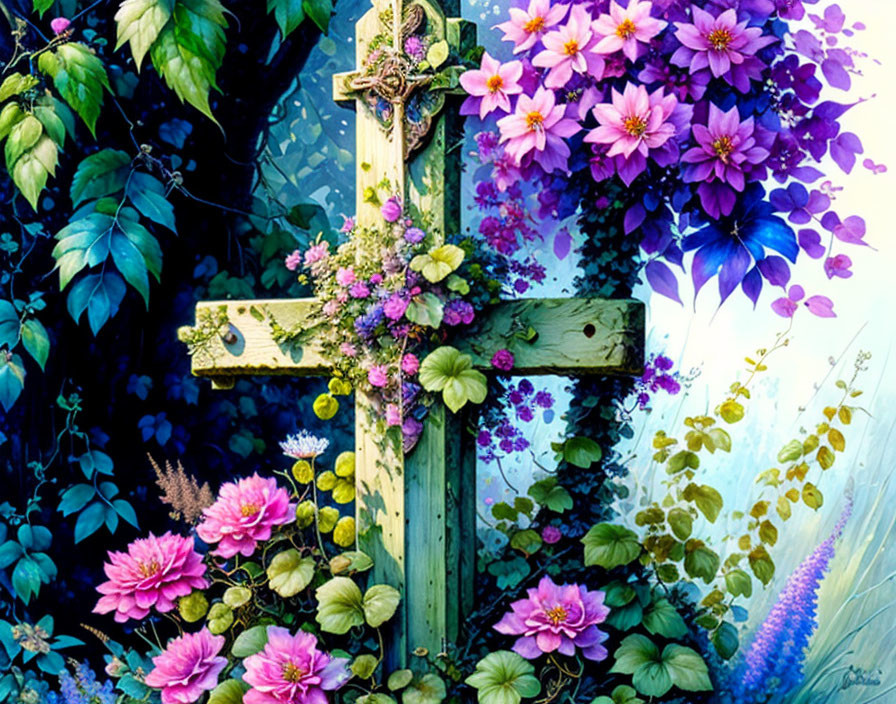 Colorful Flower Adorned Wooden Cross in Nature Setting