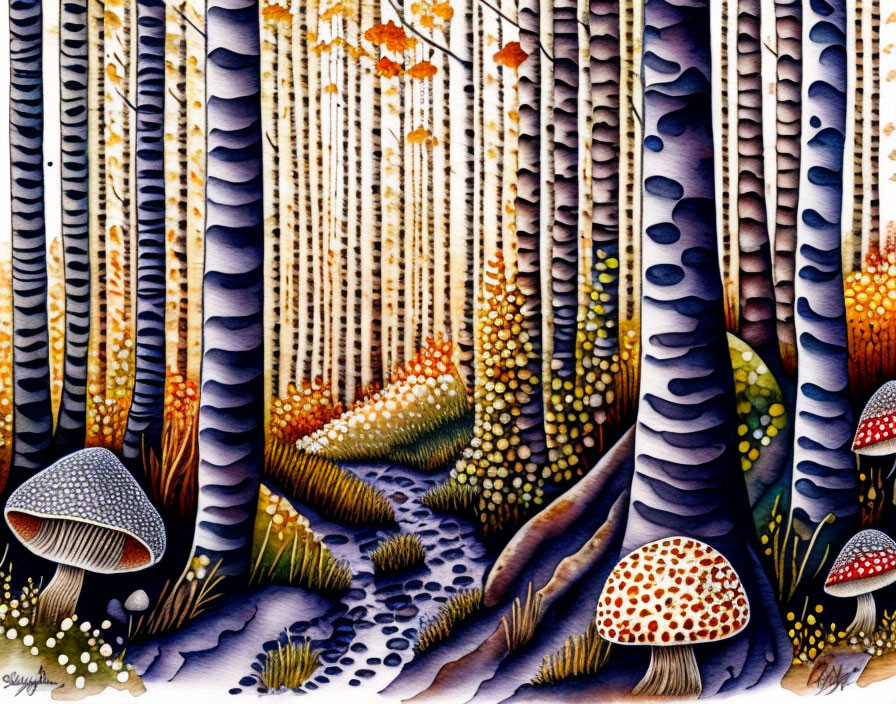 Colorful stylized forest with tall trees, mushrooms, ferns, and flowers under a starry