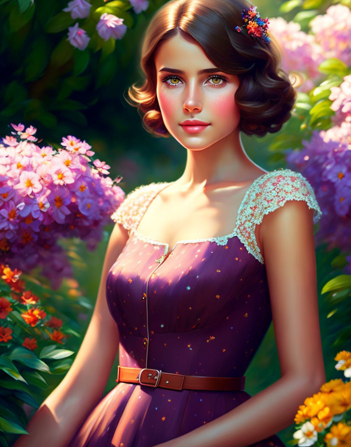 Digital art portrait of young woman with bobbed hair in purple dress among vibrant flowers