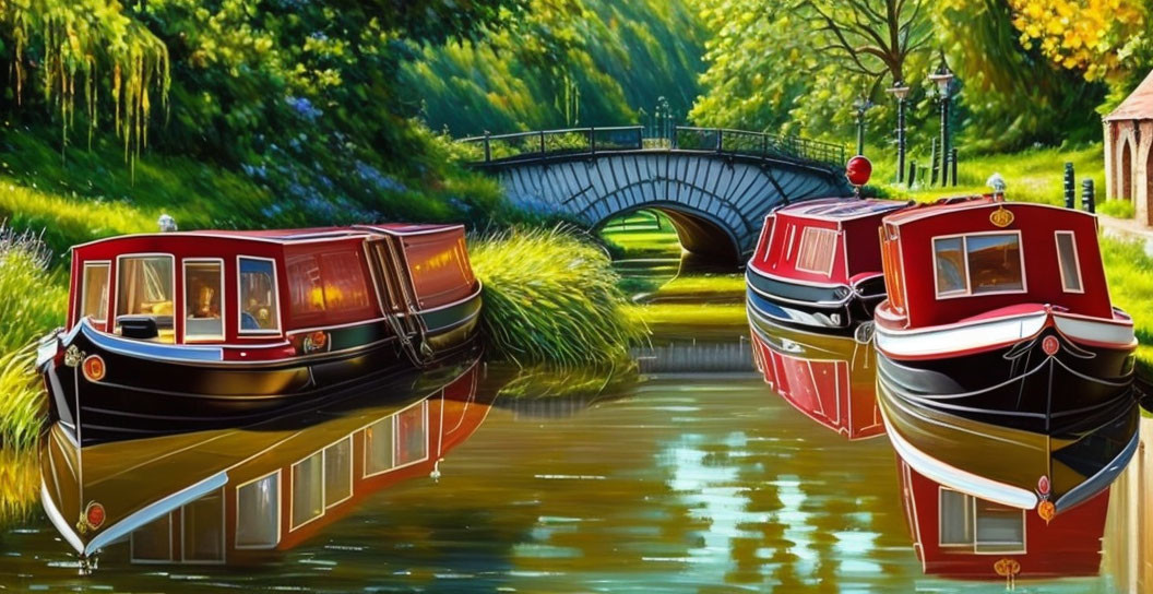 Colorful narrowboats on calm canal with metal footbridge and lush trees