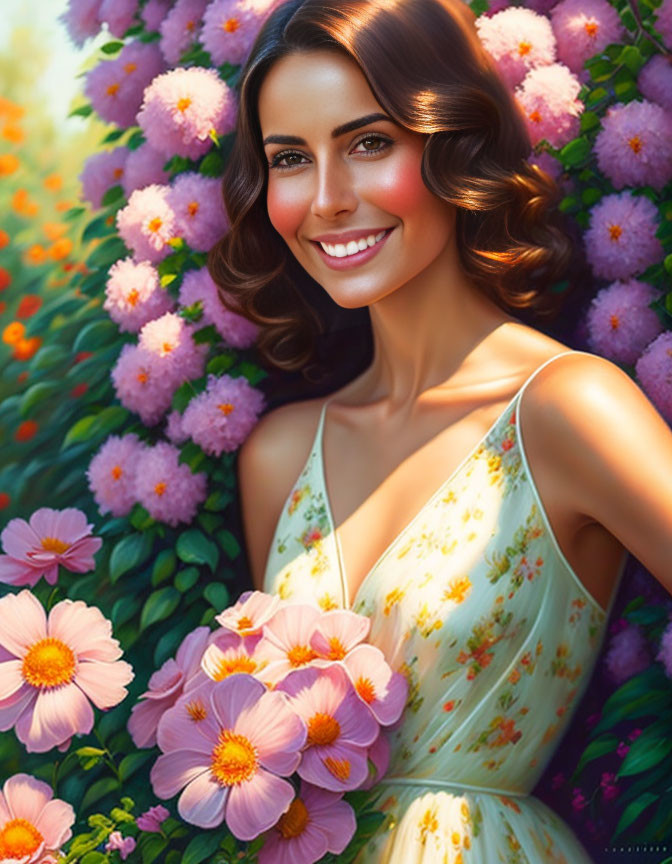 Smiling woman in floral dress surrounded by vibrant flowers