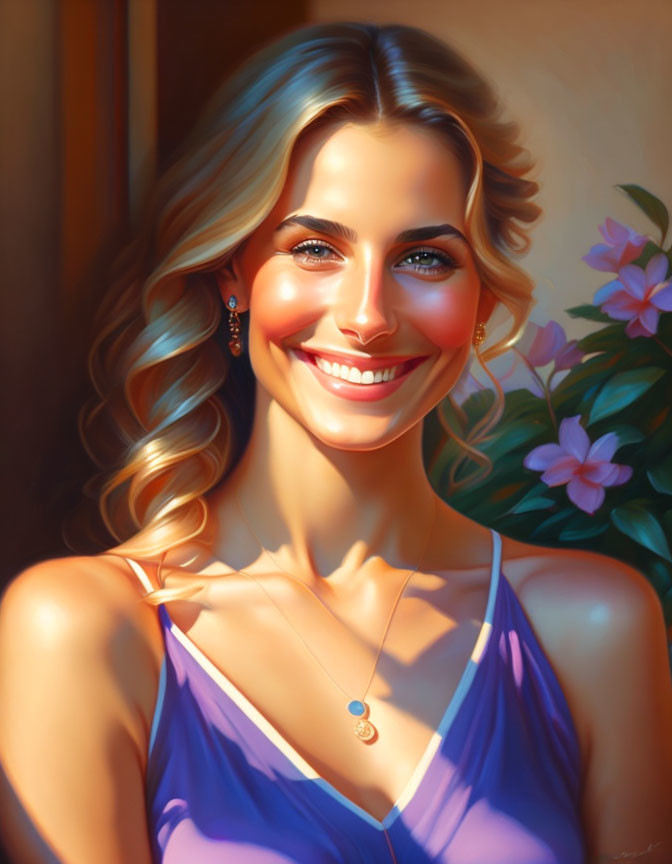 Smiling woman in purple dress with wavy hair and jewelry in warm backlit setting