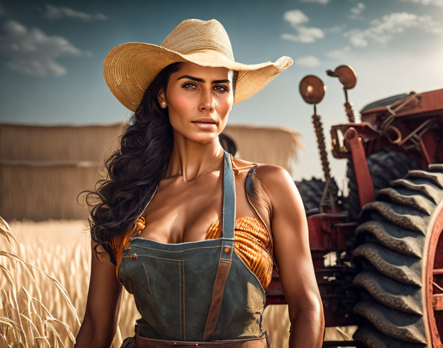 Woman in straw hat and overalls in wheat field with red tractor under sunny sky