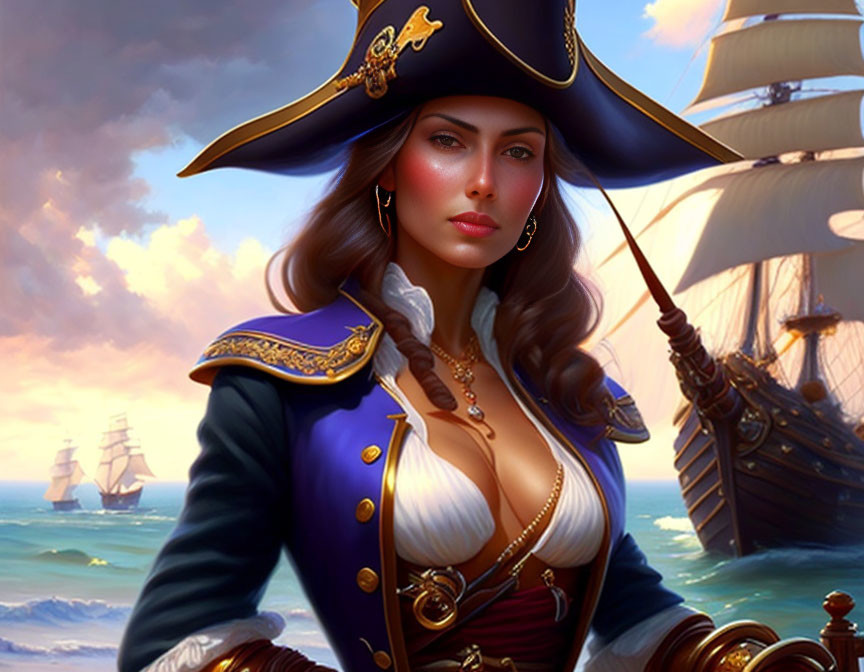 Digital artwork of fictional female pirate with tricorn hat and sailing ships.