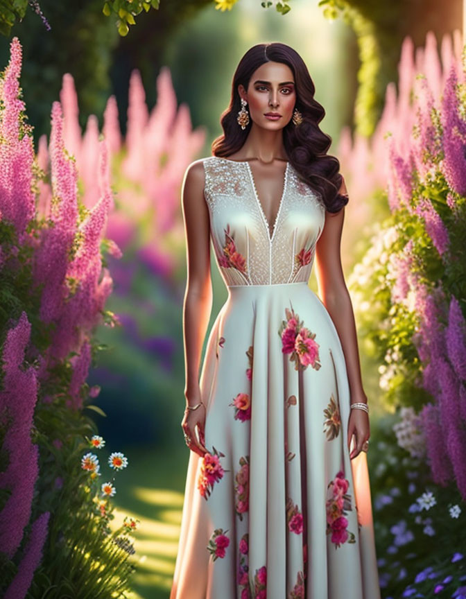 Woman in Elegant Floral Gown Surrounded by Purple Flowers