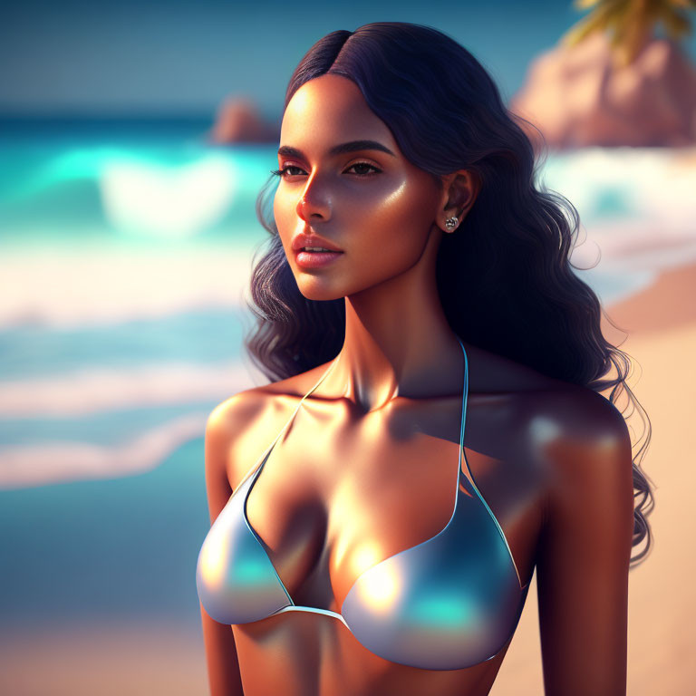 Digital artwork: Woman with tan skin and dark hair in silver bikini on beach.