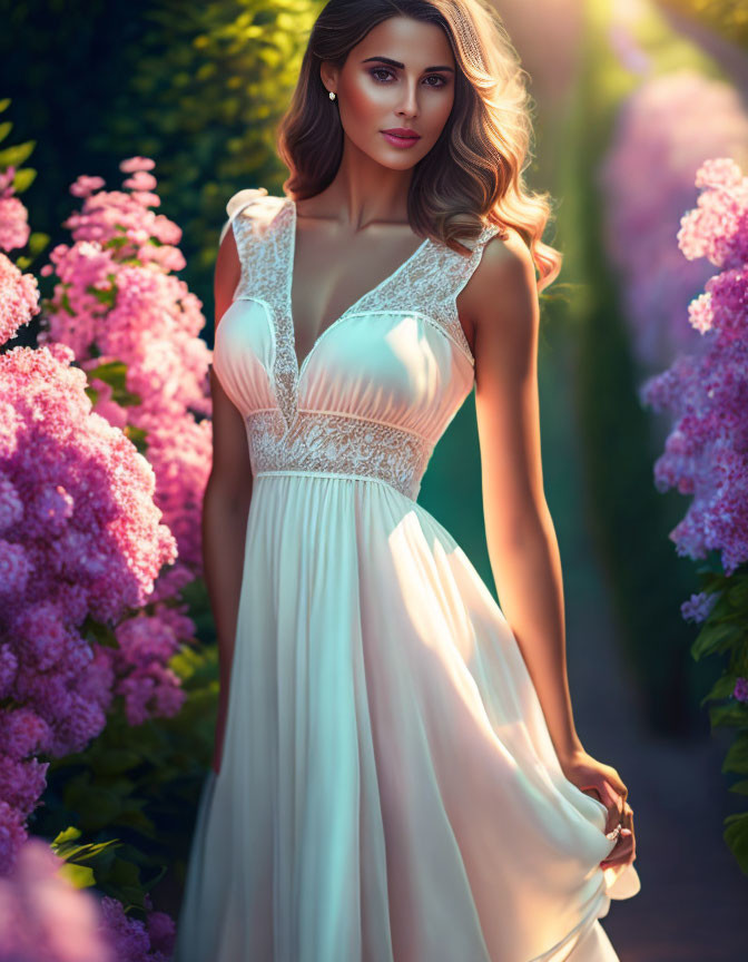 Elegant woman in flowing gown among purple hydrangea bushes