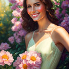 Smiling woman in floral dress surrounded by vibrant flowers