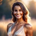 Smiling woman in beige dress with long hair in sunny garden