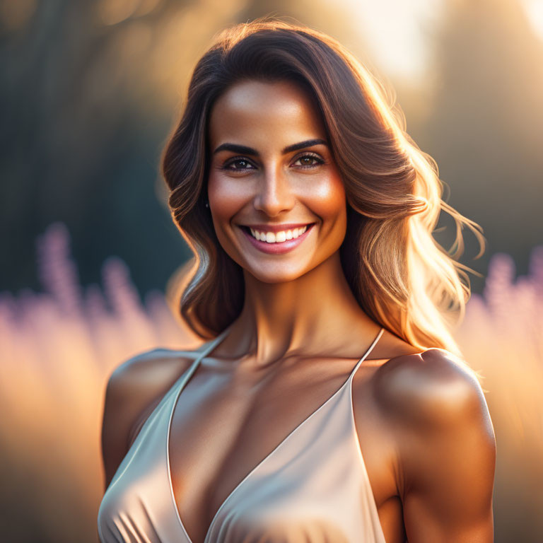 Smiling woman in beige dress with long hair in sunny garden