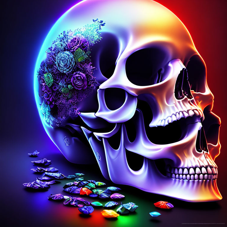 Colorful Skull Illustration with Flowers on Neon Background