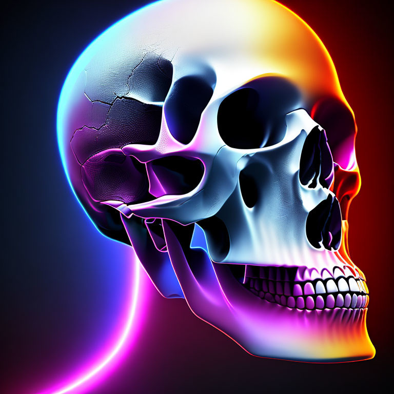 Colorful neon gradient overlay on human skull with visible crack on dark background