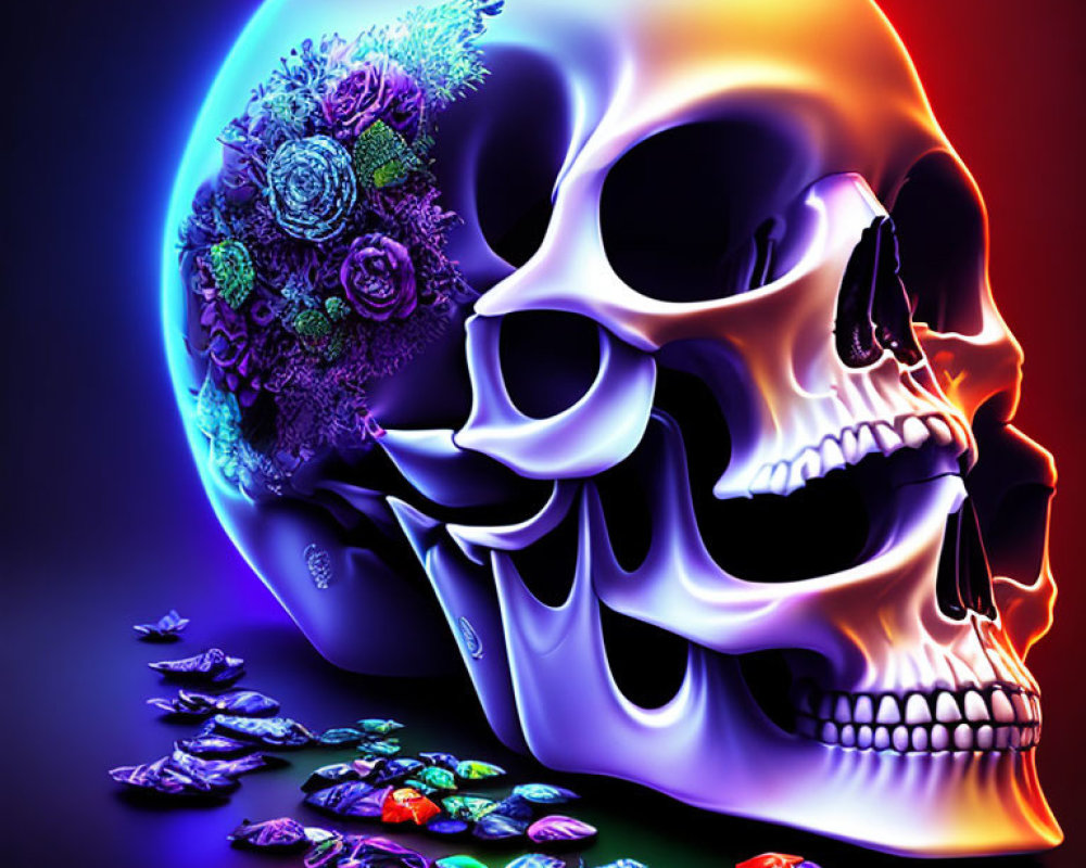 Colorful Skull Illustration with Flowers on Neon Background