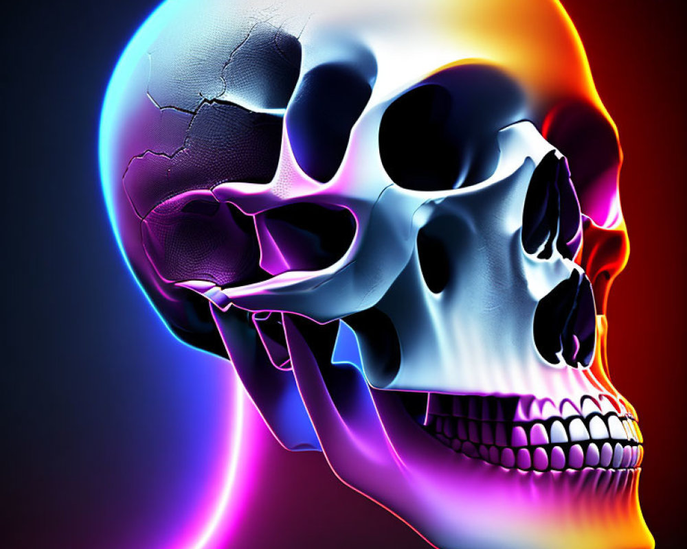 Colorful neon gradient overlay on human skull with visible crack on dark background