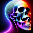 Colorful neon gradient overlay on human skull with visible crack on dark background