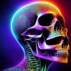 Colorful Skull Illustration with Flowers on Neon Background