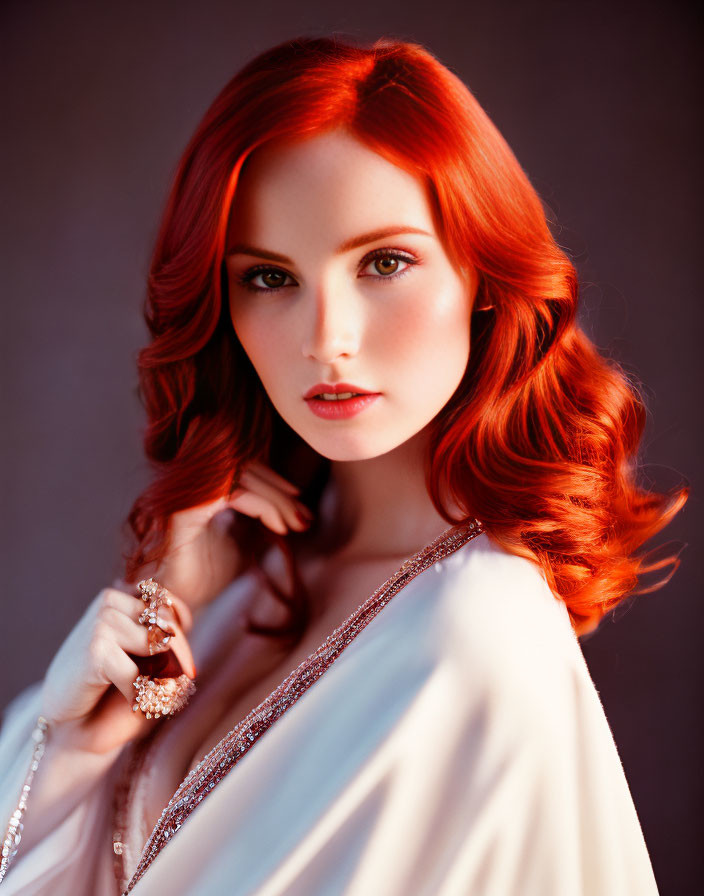Red-haired woman in white outfit with sparkling details and ring gazes at camera