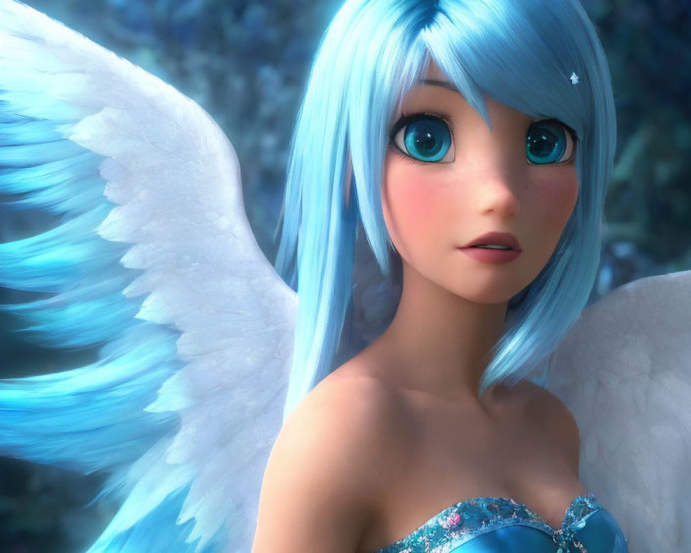 Blue-haired fairy in a mystical forest with wings and wide-eyed gaze