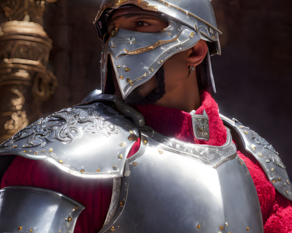 Ornate knight in shining armor with gold details on dark historical backdrop