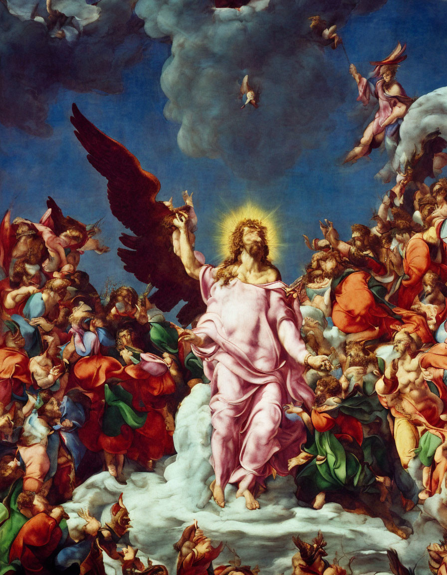 Classic painting of robed figure with halo surrounded by angels and humans under blue sky