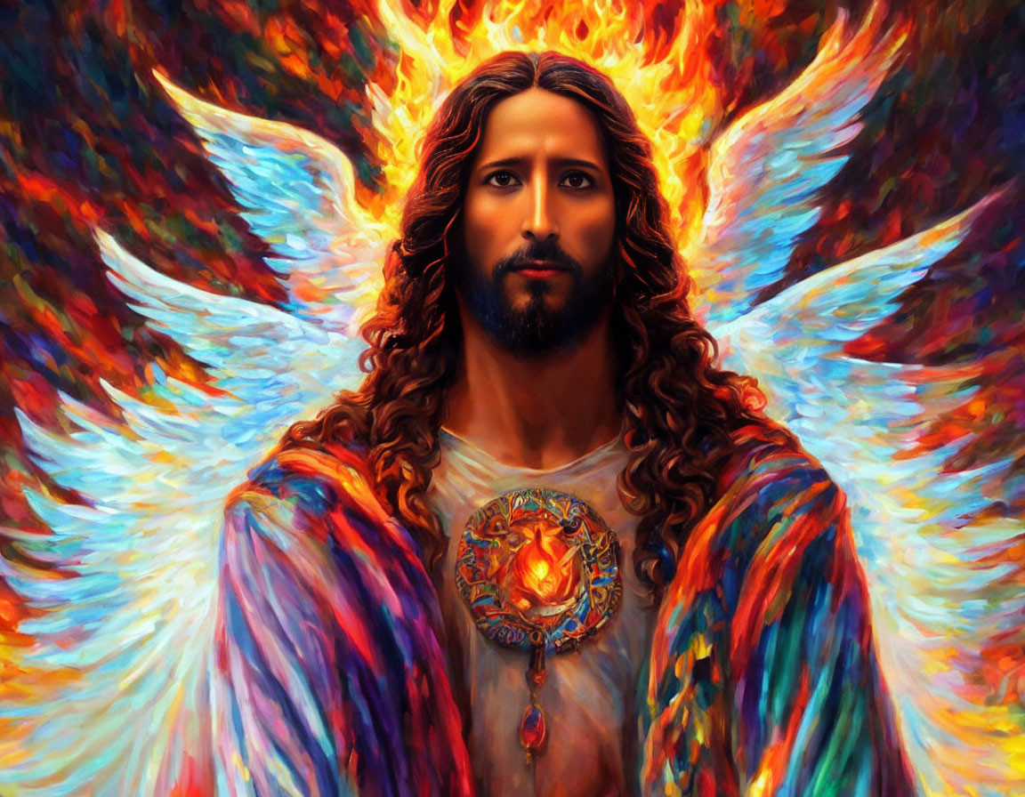 Long-haired man in colorful robe with flaming wings - serene portrait