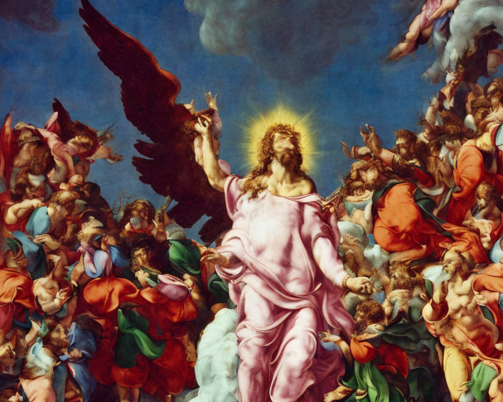 Classic painting of robed figure with halo surrounded by angels and humans under blue sky