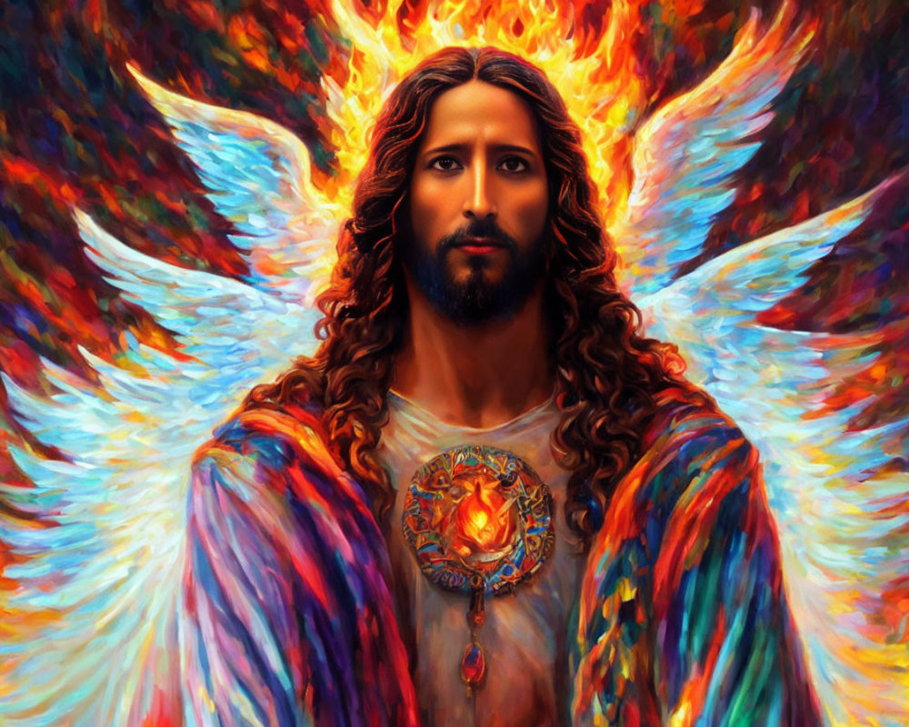 Long-haired man in colorful robe with flaming wings - serene portrait