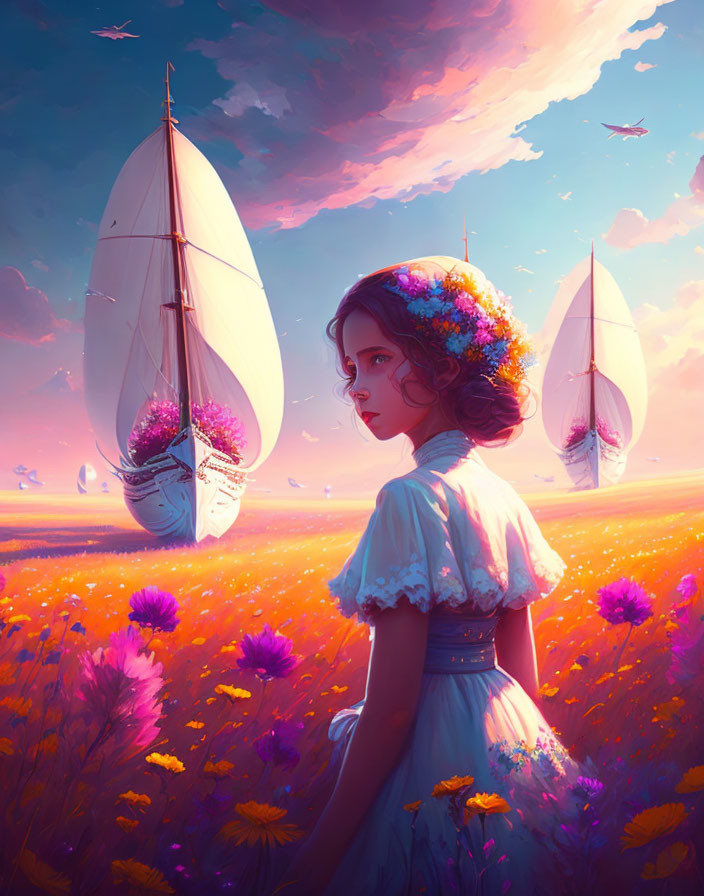 Girl with flower crown gazes at ships in sky over colorful field