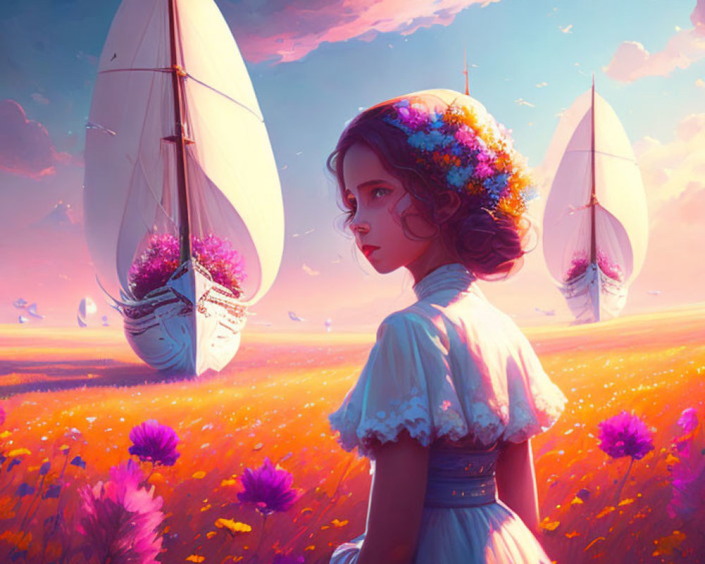 Girl with flower crown gazes at ships in sky over colorful field