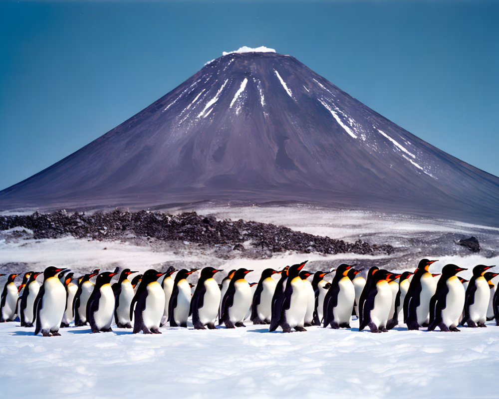 King penguins marching on snow with snow-capped volcano in background