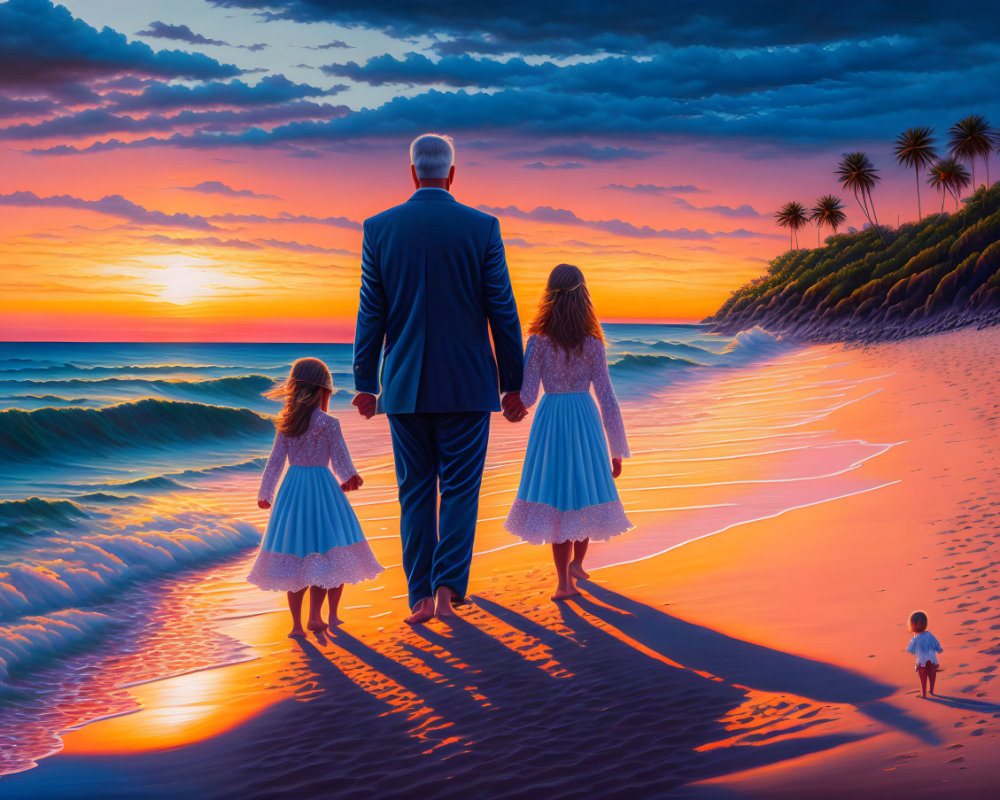 Family walking on beach at sunset with vibrant colors and silhouetted palm trees