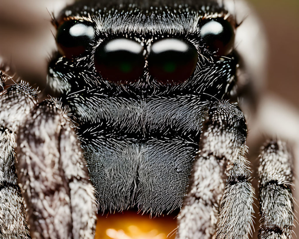 Detailed Close-Up of Jumping Spider's Textured Body and Shiny Eyes