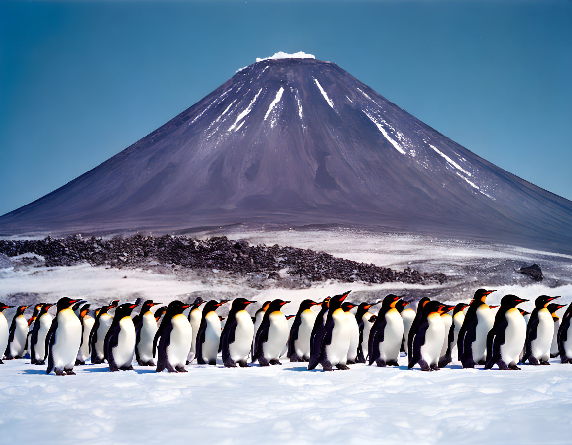 King penguins marching on snow with snow-capped volcano in background