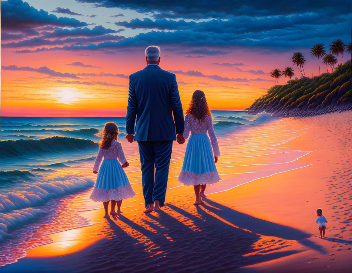 Family walking on beach at sunset with vibrant colors and silhouetted palm trees