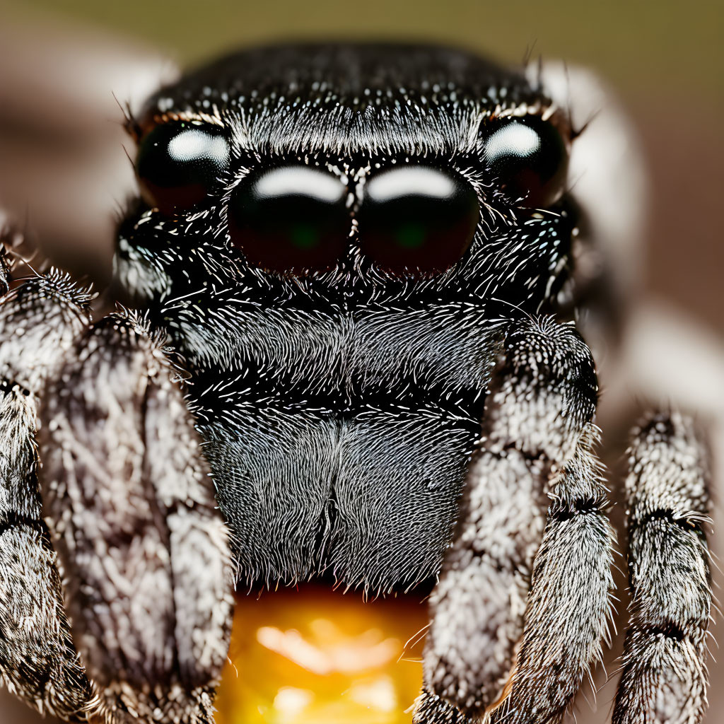 Detailed Close-Up of Jumping Spider's Textured Body and Shiny Eyes